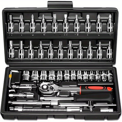Juego de 46 piezas de dados de 1/4" con llave de carraca, extensiones y llave de torsión - Construcción metálica duradera, ideal para reparaciones automotrices, de bicicletas, motocicletas e industriales - Incluye estuche organizador, kit de herramientas