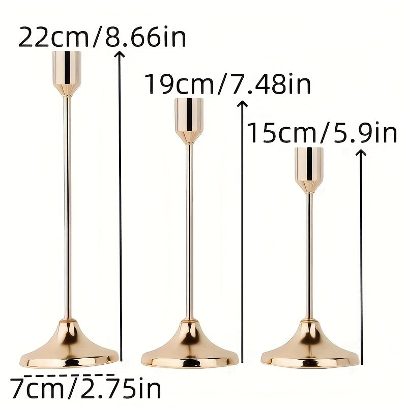 Conjunto de 3 candelabros vintage de latón, elegantes candelabros de metal para mesa, candelabros decorativos de temática familiar para el hogar, cenas románticas, bodas, eventos con velas no incluidas.