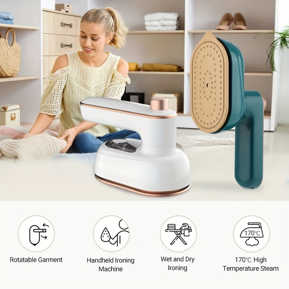 Plancha Eléctrica Portátil con Diseño Giratorio - Vapor de Alta Temperatura de 170°, Uso en Seco y Húmedo, Color Verde Azulado y Blanco, Enchufe Americano, Compacta y Ergonómica para Planchar Fácilmente