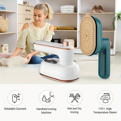 Plancha Eléctrica Portátil con Diseño Giratorio - Vapor de Alta Temperatura de 170°, Uso en Seco y Húmedo, Color Verde Azulado y Blanco, Enchufe Americano, Compacta y Ergonómica para Planchar Fácilmente
