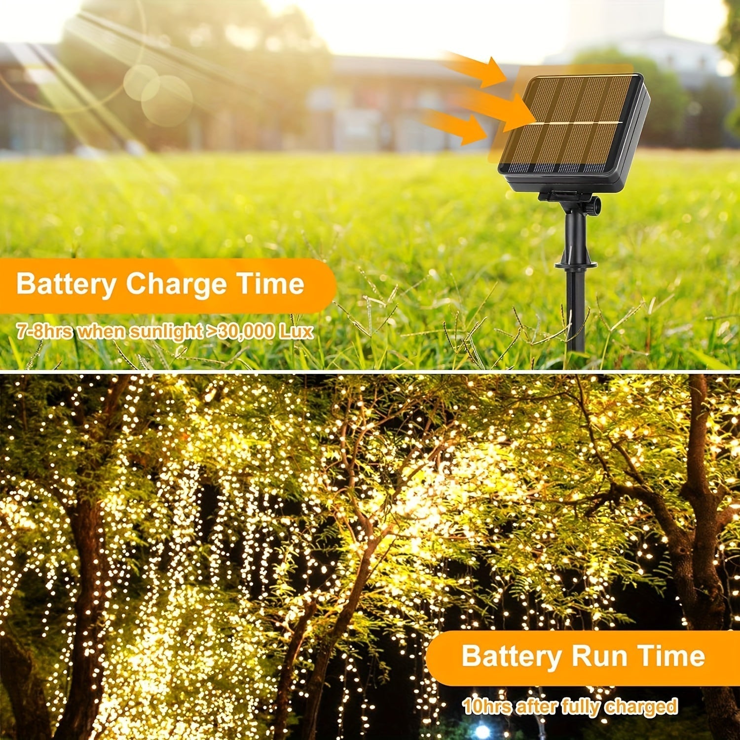 [1 Hilo de luces solares de 8 modos] AMILL Luces de cadena LED con energía solar, multicolor, 8 modos de iluminación, material plástico de alto índice, acabado de metal pulido, resistente al agua IPX4, con para bodas al aire libre, patio, jardín, camping