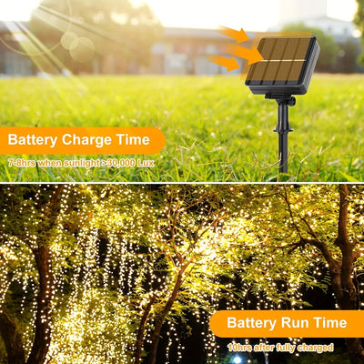 [1 Hilo de luces solares de 8 modos] AMILL Luces de cadena LED con energía solar, multicolor, 8 modos de iluminación, material plástico de alto índice, acabado de metal pulido, resistente al agua IPX4, con para bodas al aire libre, patio, jardín, camping