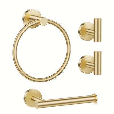 Juego de accesorios de baño, 4 piezas, incluye soporte de papel higiénico, anillo de toallas y 2 ganchos de toallas, juego de accesorios de baño con montaje en pared de acero inoxidable, negro, plateado, dorado.