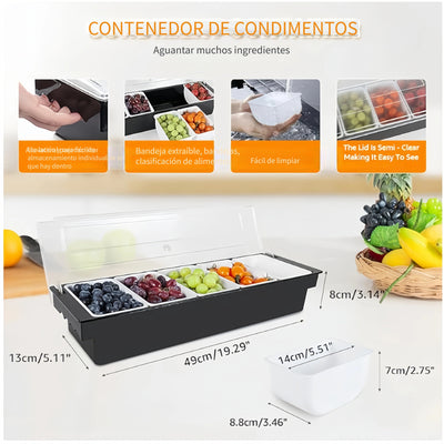 1 Juego de Bandeja para Especias con 6 Compartimentos y Tapa, Utensilios de Cocina para Cóctel Chef - Plástico Duradero, Ideal para Bares, Heladerías y Salserías | Suministros Esenciales para Bares y Restaurantes