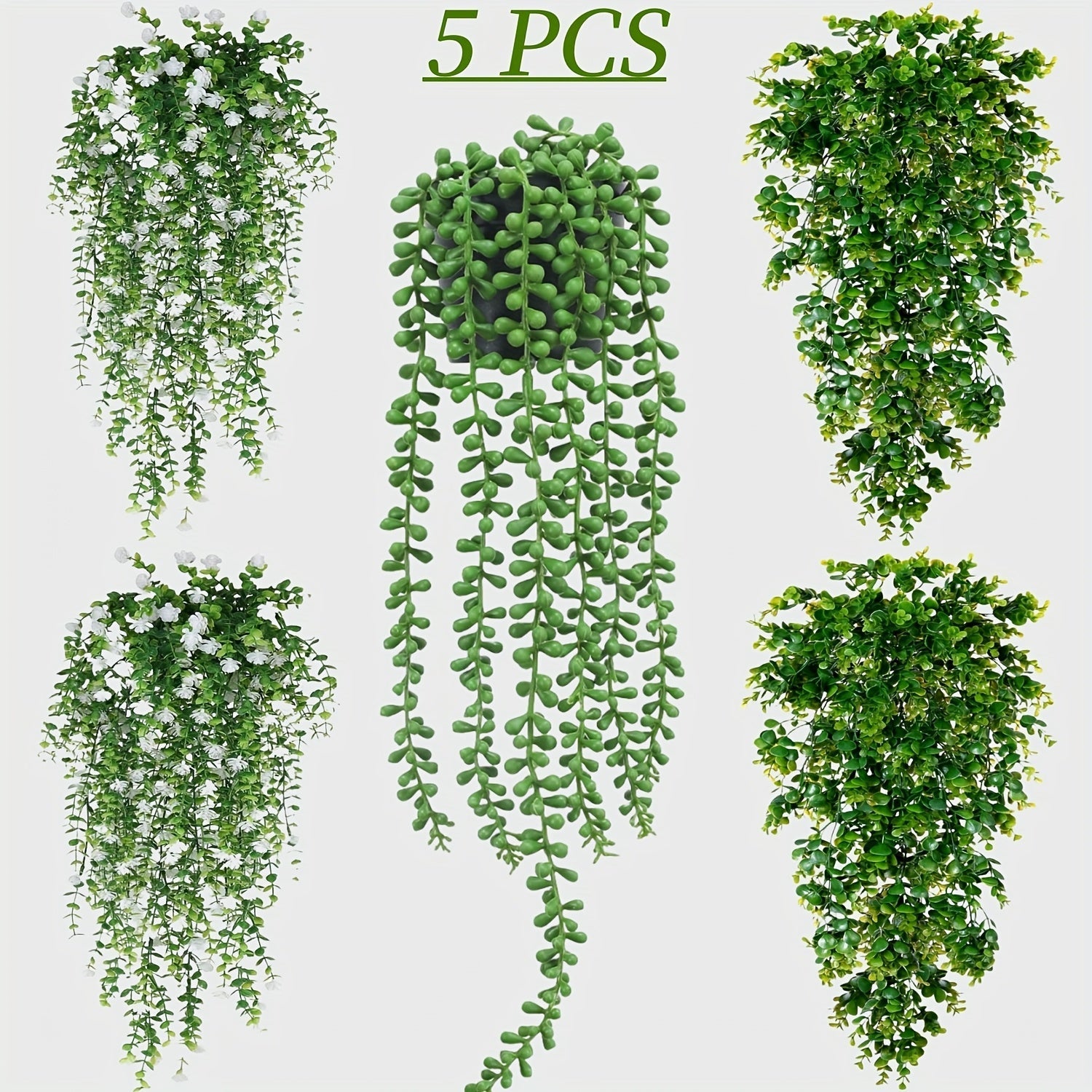 Juego de 5 Piezas de Plantas Artificiales Verdes Realistas Resistentes a los Rayos UV con Enredaderas, Ideales para Macetas Colgantes en Jardines Exteriores, Flores Decorativas, Bodas, Acción de Gracias, Halloween, Navidad y Decoración del Hogar Interior