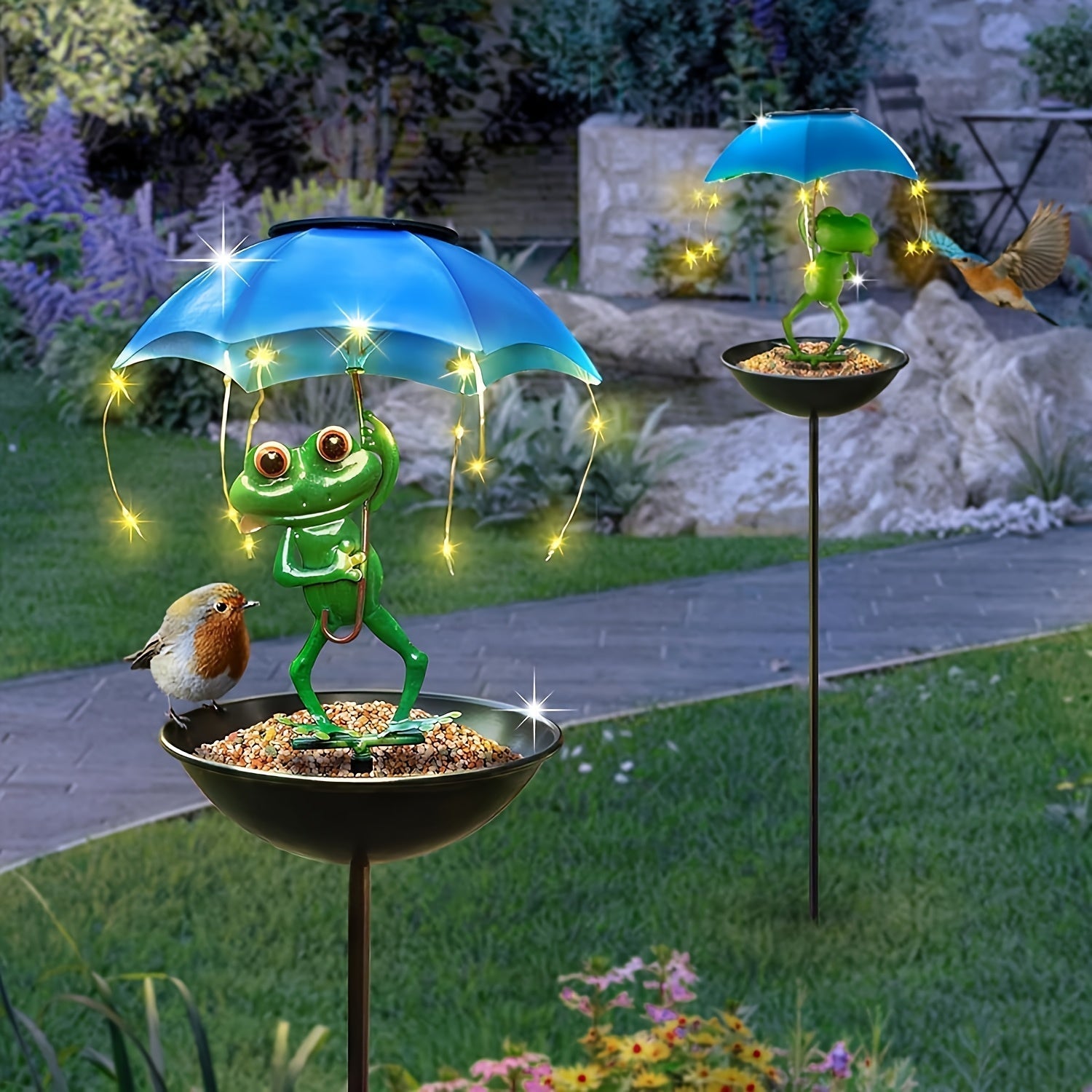 Luz de jardín solar con luces LED de cadena - Alimentador automático de aves y fuente de colibríes, decoración de patio de construcción de hierro, material resistente al tiempo, atrae a las aves para iluminar el jardín, iluminación divertida, exclusiva p