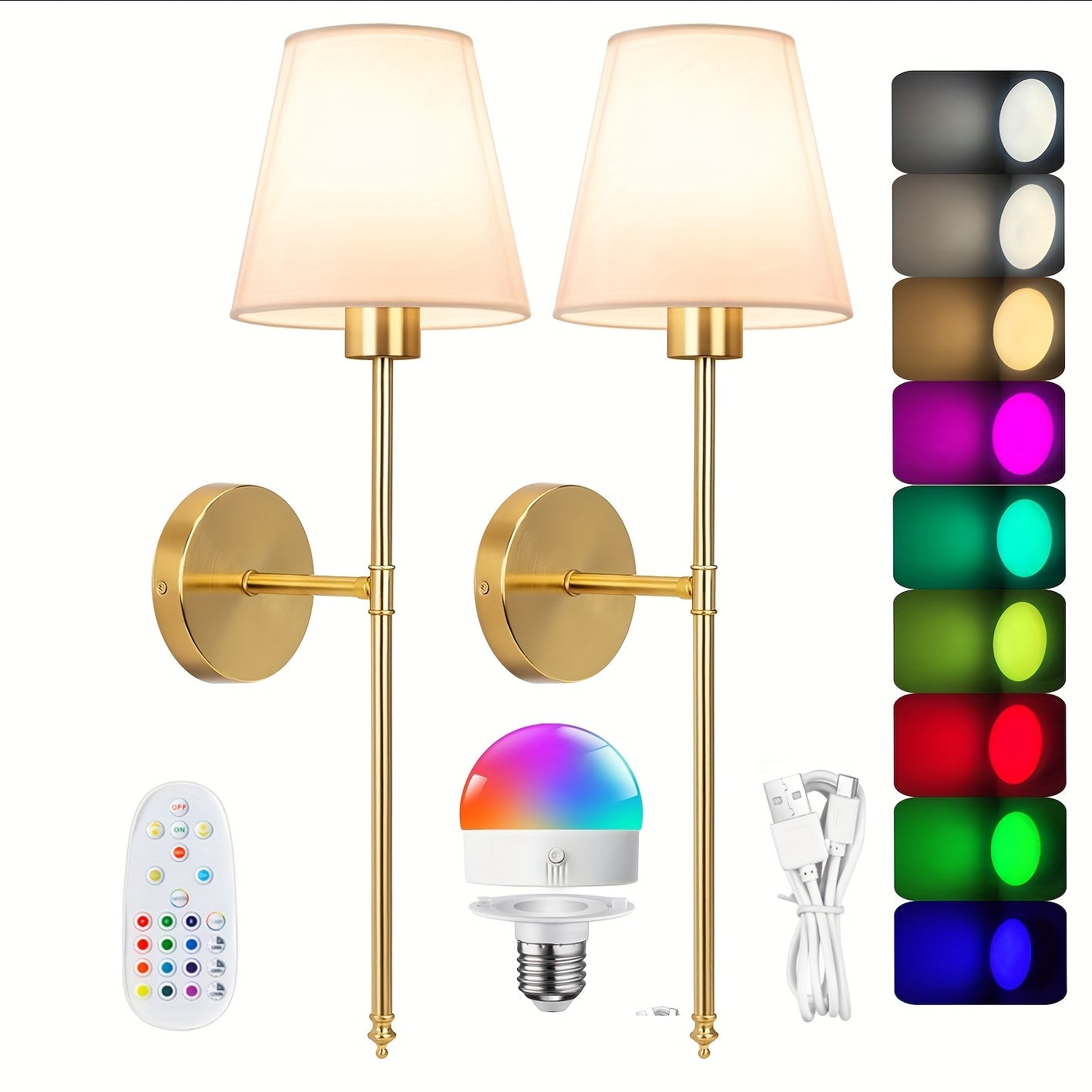 2 Paquetes de Apliques con Batería: Juego de 2 Luces Inalámbricas para Pared con Control Remoto - Lámpara Recargable de 10 Colores Dorado/ para Dormitorio y Pasillo, Decoración para Sala