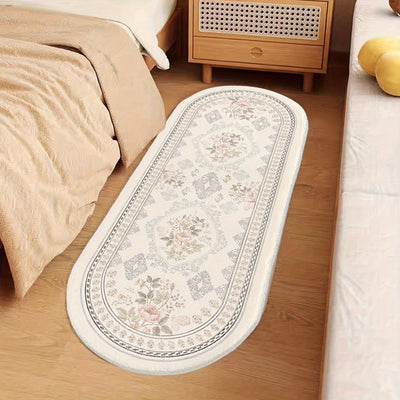 1pc Alfombra de cabecero ovalada con patrón floral - suave, antideslizante para dormitorios, alfombrilla decorativa para salas y sofás - decoración rústica del hogar, tapicería estética y suministros artísticos-Día de la Madre