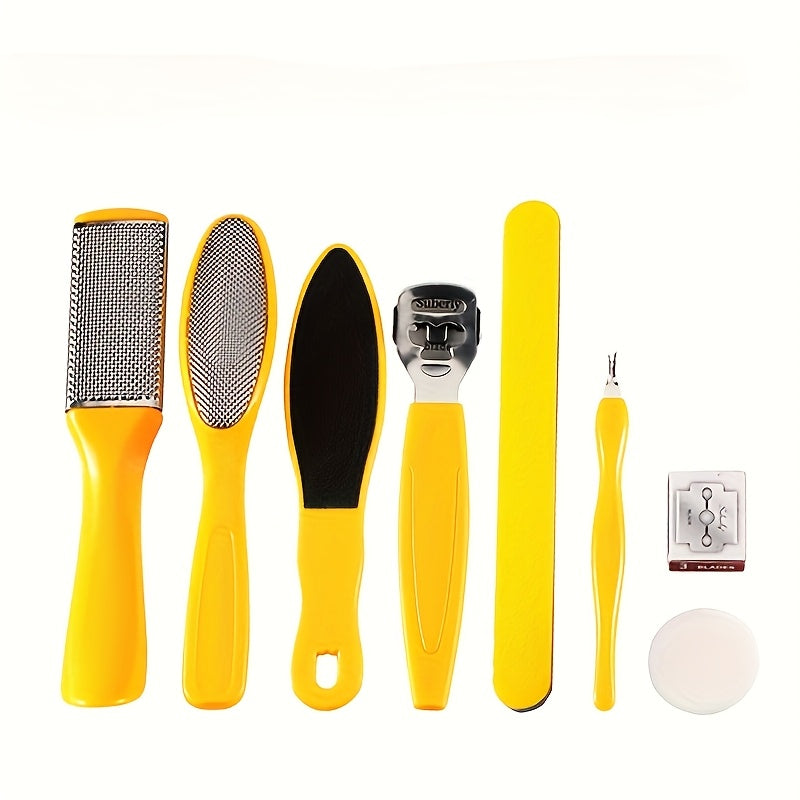 Kit completo de cuidado de pies: Kit de pedicura de plástico amarillo con eliminador, lima y raspador - Sin olor, sin batería para un bronceado suave y claro beige.