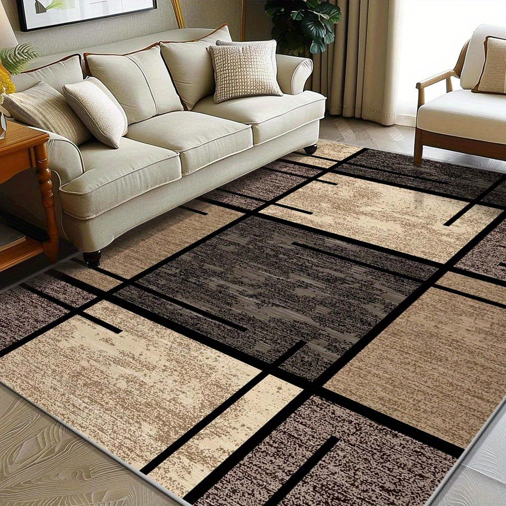 Alfombra de área de terciopelo lujosa - Premium, lavable a máquina, resistente a decoloración, de poliéster para sala, dormitorio, oficina y decoración exterior - Rectangular, liviana y fácil de limpiar - 850g/m², diseño geométrico en beige y marrón, tap