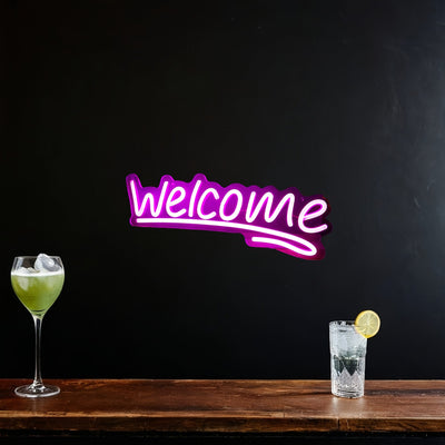 Letrero de neón LED de bienvenida con interruptor de encendido/apagado, luz de pared con alimentación USB, control de botón pulsador, multiusos para el hogar, tienda, floristería, bar, salón, cafetería, restaurante, decoración de inauguración de la casa