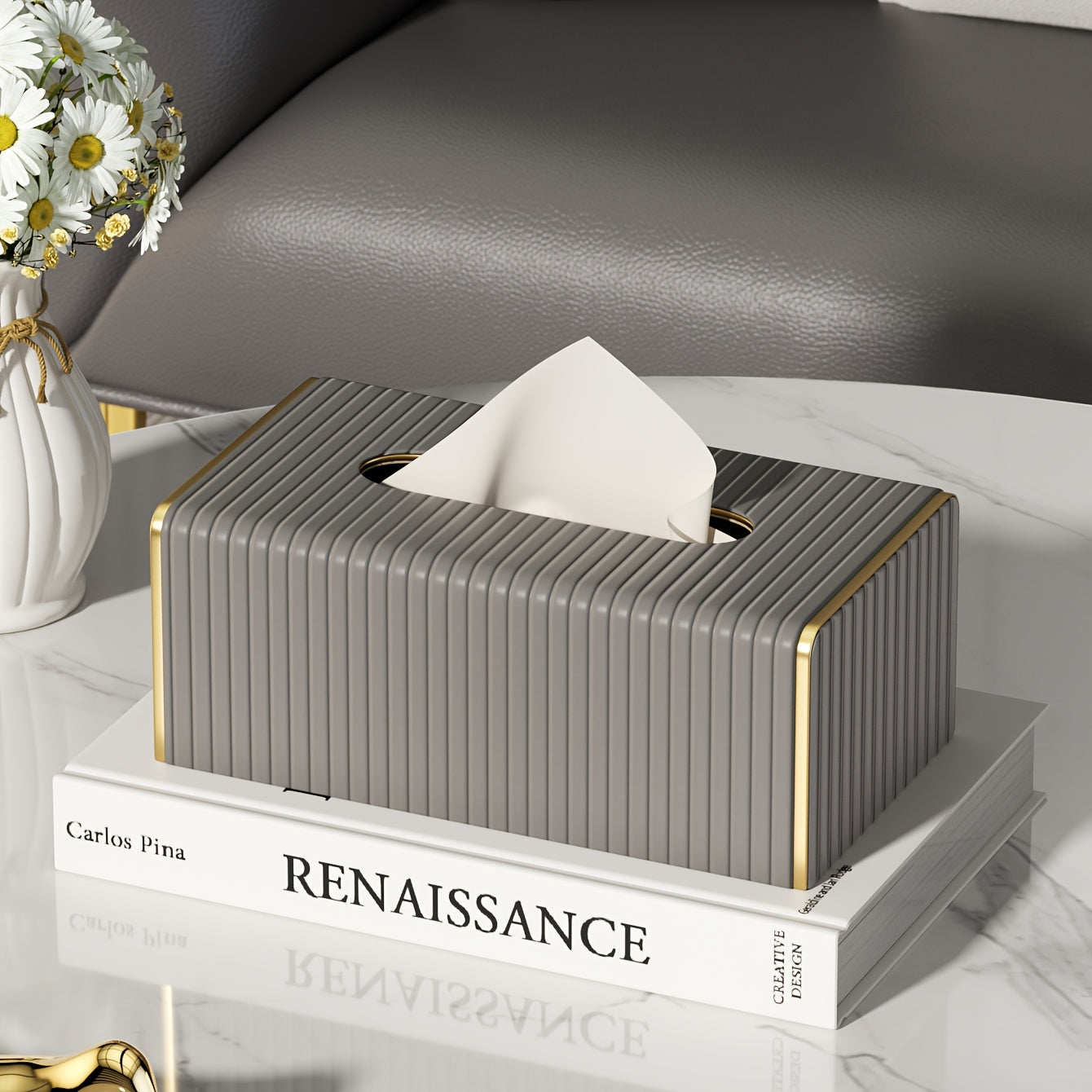 Estuche Elegante para Pañuelos de Cuero Sintético Estilo Nórdico con Rayas Italianas - Diseño Rectangular en Blanco y Dorado para Sala, Comedor o Baño, Decoración de Pared