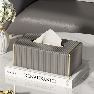 Estuche Elegante para Pañuelos de Cuero Sintético Estilo Nórdico con Rayas Italianas - Diseño Rectangular en Blanco y Dorado para Sala, Comedor o Baño, Decoración de Pared