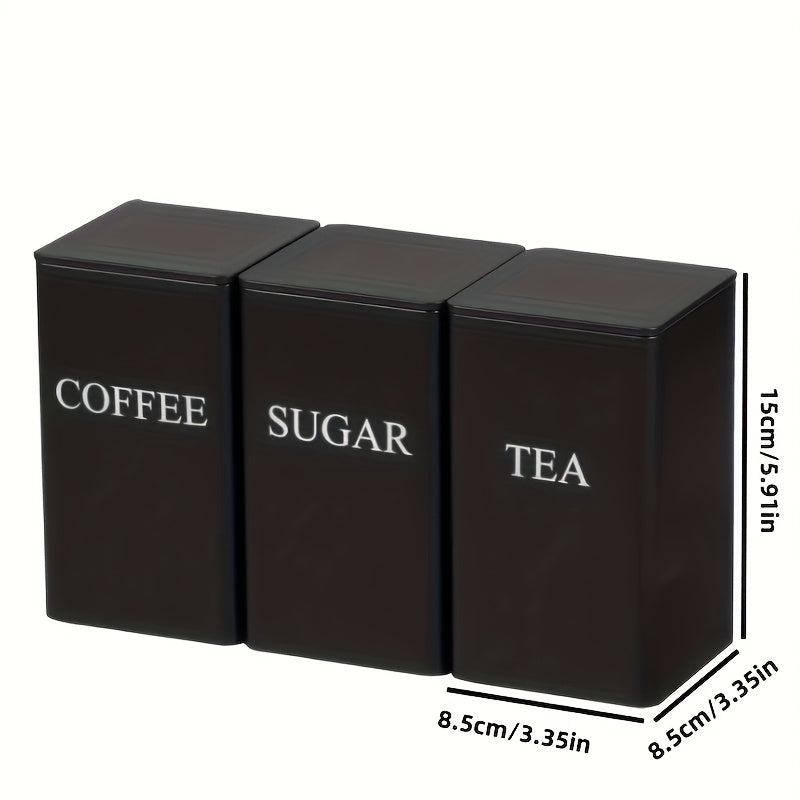 Jarrón de almacenamiento de hierro de tres piezas negro/beige, utilizado para almacenar tazas de té, azúcar y café en la cocina, adecuado para oficinas, almacenamiento en casa y comedor.