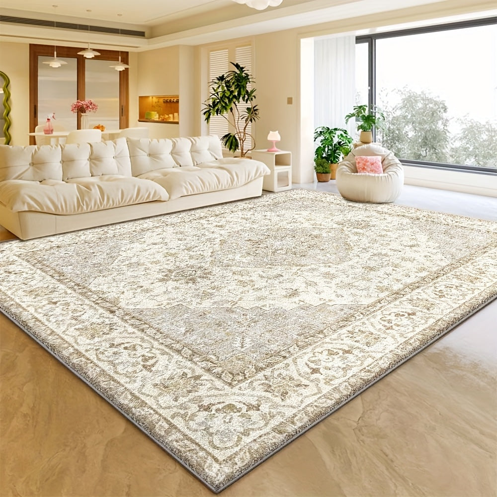 Alfombra grande de felpa aterciopelada con diseño floral y geométrico - 850 g/m², antideslizante, lavable a máquina, mezcla de poliéster - diseño en beige claro y crema para sala, dormitorio, oficina - alfombra decorativa liviana, decoración para sala de
