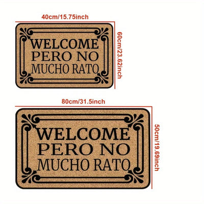 Tapete de bienvenida con diseño floral en tono café elegante, "WELCOME PERO NO MUCHO RATÓN", fibra de poliéster, solo lavado a mano, ideal para entrada de casa, decoración interior, porche y sala, accesorio hogareño elegante, texto en letra cursiva