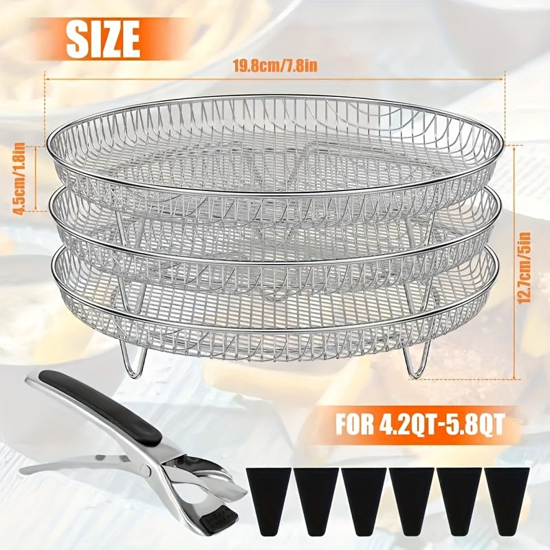 Juego de 10 Piezas de Estante Elevado para Deshidratador de Acero Inoxidable con Pinzas, Accesorios Apilables Reutilizables para Freidoras de Aire Redondos de 4.2QT-5.8QT, Accesorios Lavables para Hornear en la Air Fryer