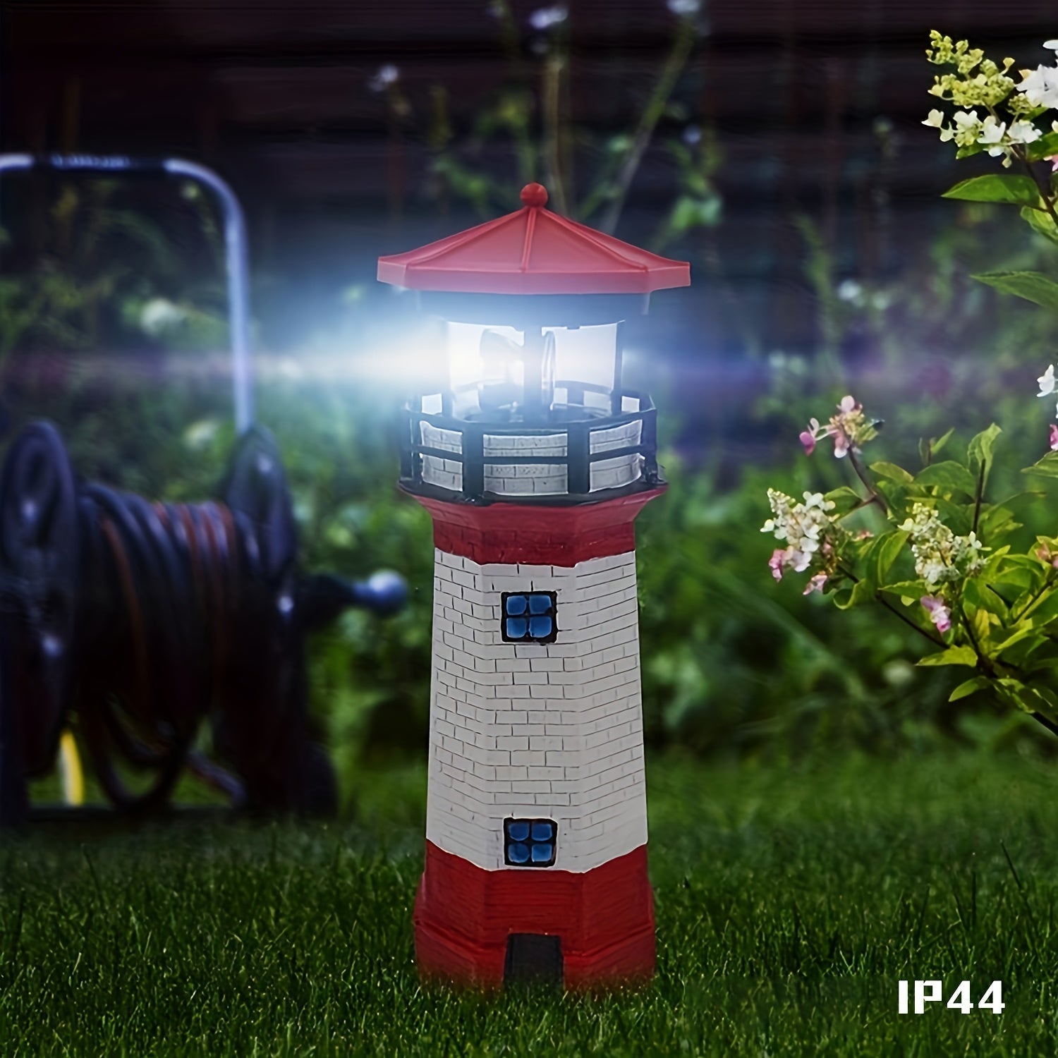 Farol Solar Giratorio para Exteriores, Luces de Jardín con Sensor Inteligente en Forma de Faro LED Rotativo, Decoración para Cercas y Patios con Haz Giratorio (Color: Rojo)