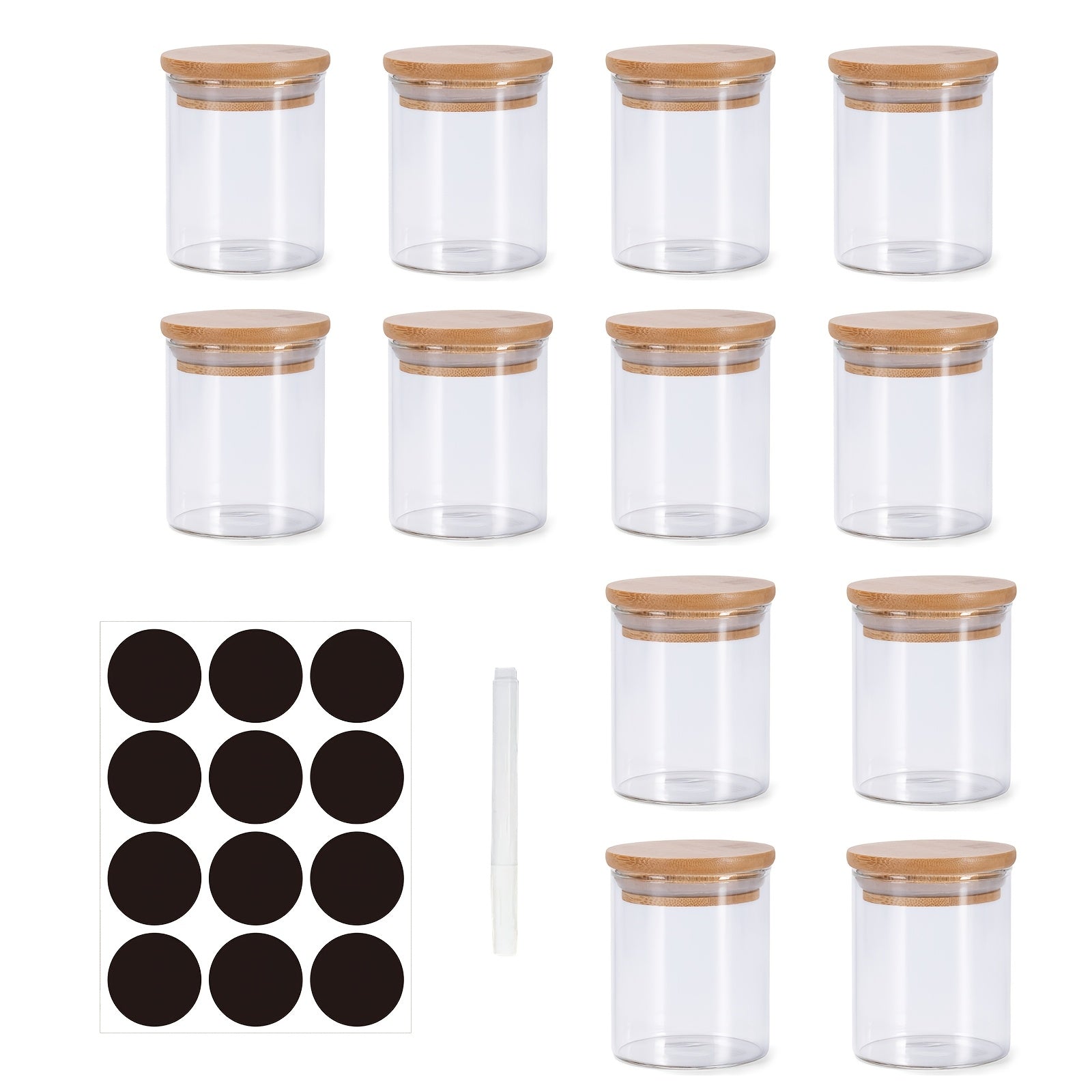 Juego de 12 Piezas con Tapa Selladora de Bambú y Etiqueta, Contenedores Grandes para Almacenamiento de Granos Comestibles Adecuados para Cocina Doméstica, Té, Café, Harina y Cereales