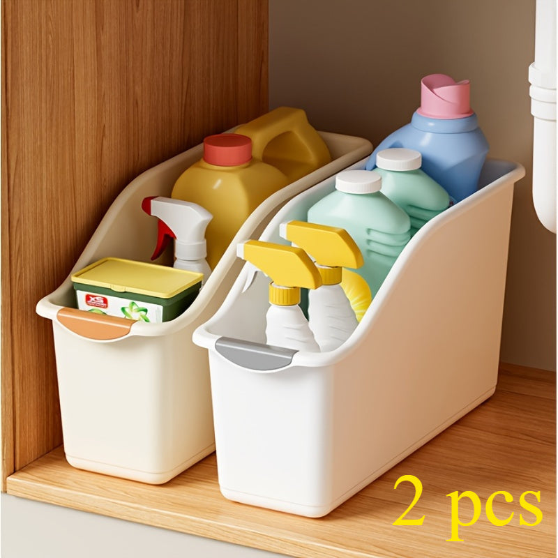Juego de 2 botes de almacenamiento plásticos multifuncionales, diseño curvo para organización del hogar, ideal para productos de limpieza y artículos esenciales del hogar, botes de almacenamiento para organización del hogar, canastas, botes y contenedore
