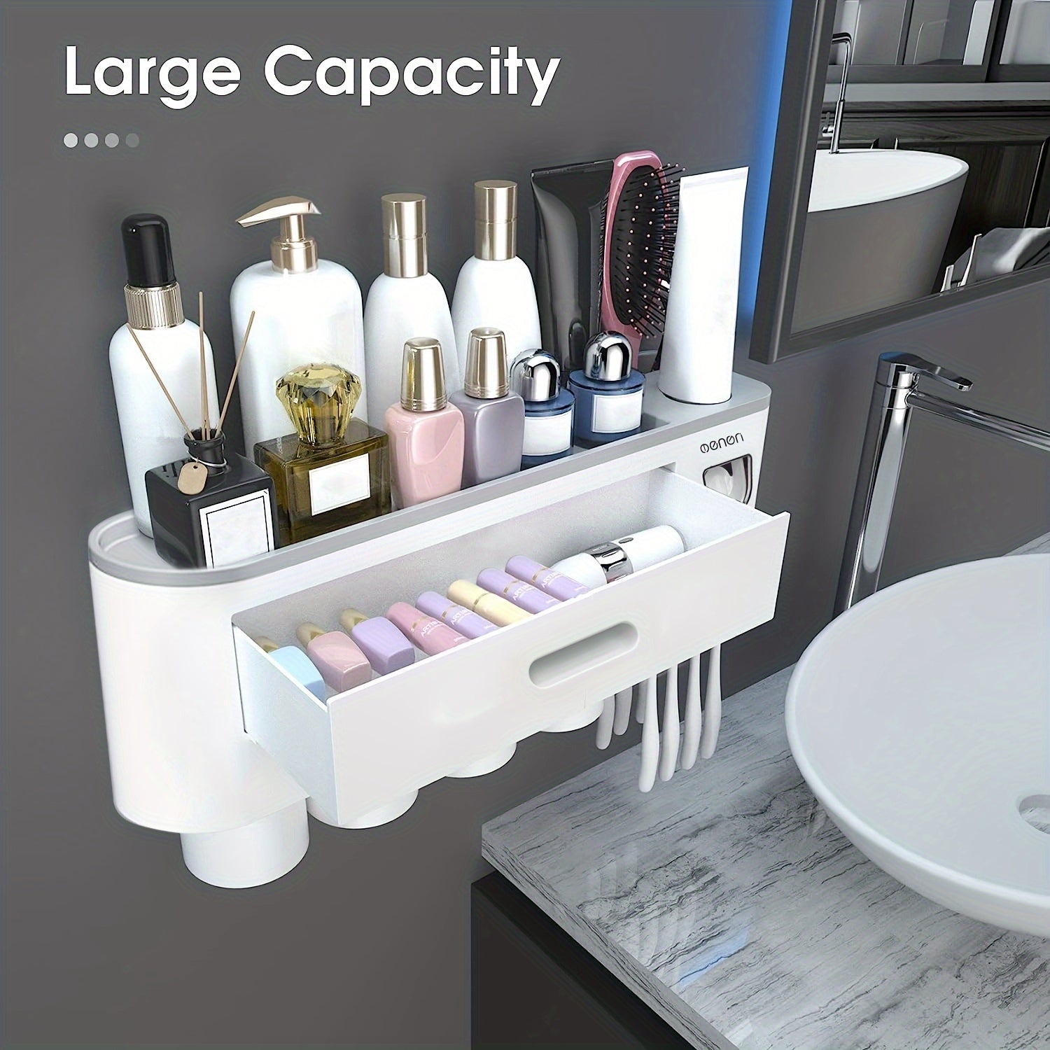 1 Juego De 2/3/4 Piezas, Porta Cepillos De Dientes Para Baños, Vasos Porta Cepillos, Montado En La Pared Con Dispensador De Pasta De Dientes, Bandeja De Gran Capacidad, 2 Cajones Para Cosméticos, Organizador De Baño Y Accesorios De Baño