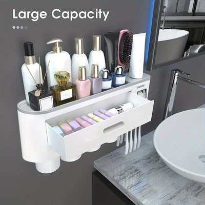 1 Juego De 2/3/4 Piezas, Porta Cepillos De Dientes Para Baños, Vasos Porta Cepillos, Montado En La Pared Con Dispensador De Pasta De Dientes, Bandeja De Gran Capacidad, 2 Cajones Para Cosméticos, Organizador De Baño Y Accesorios De Baño