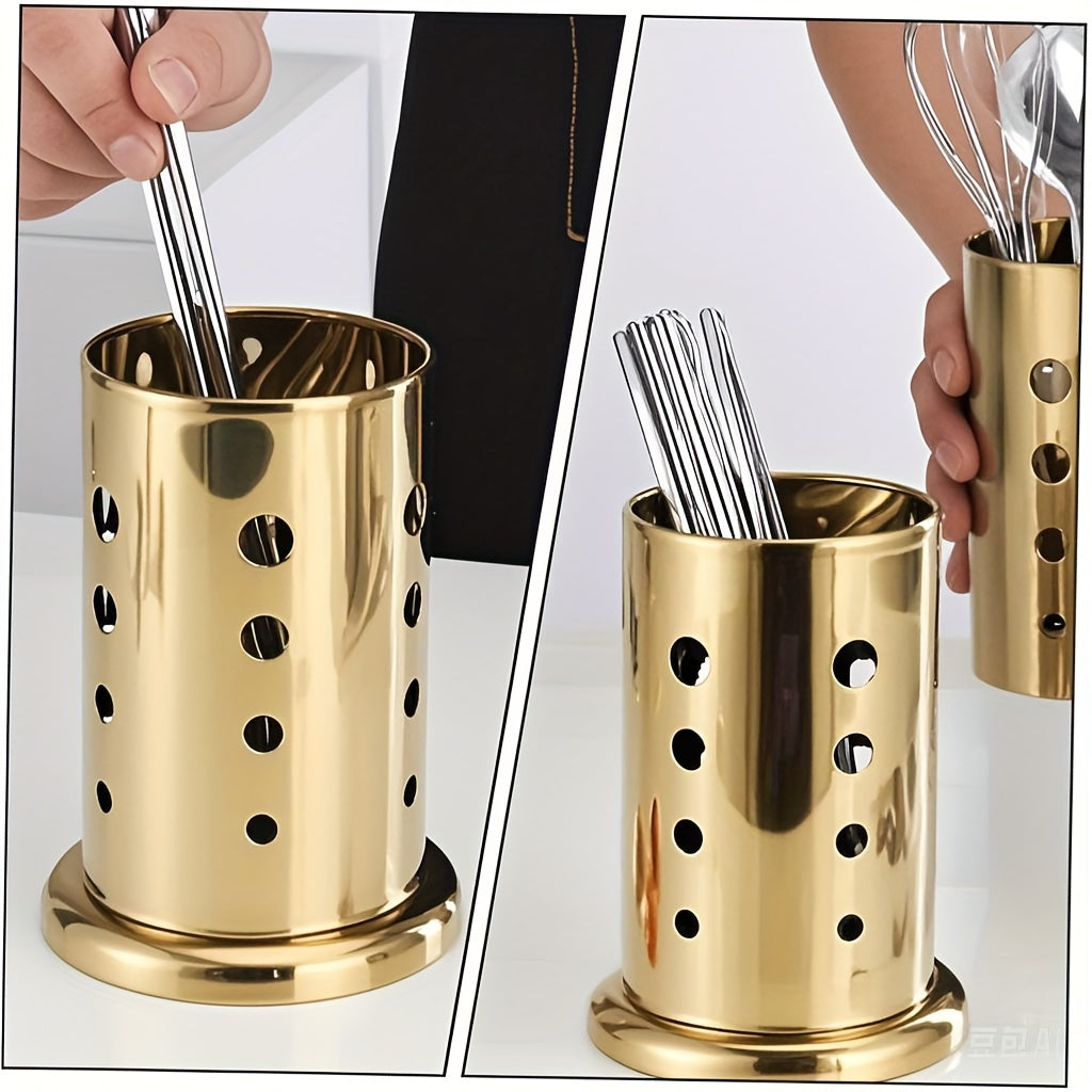 Caja organizadora de utensilios de cocina de acero inoxidable dorado, con soporte para palillos, cucharas y cubiertos, con agujeros de drenaje, ideal para herramientas, espátulas, cucharas y cubiertos, decoración de cocina