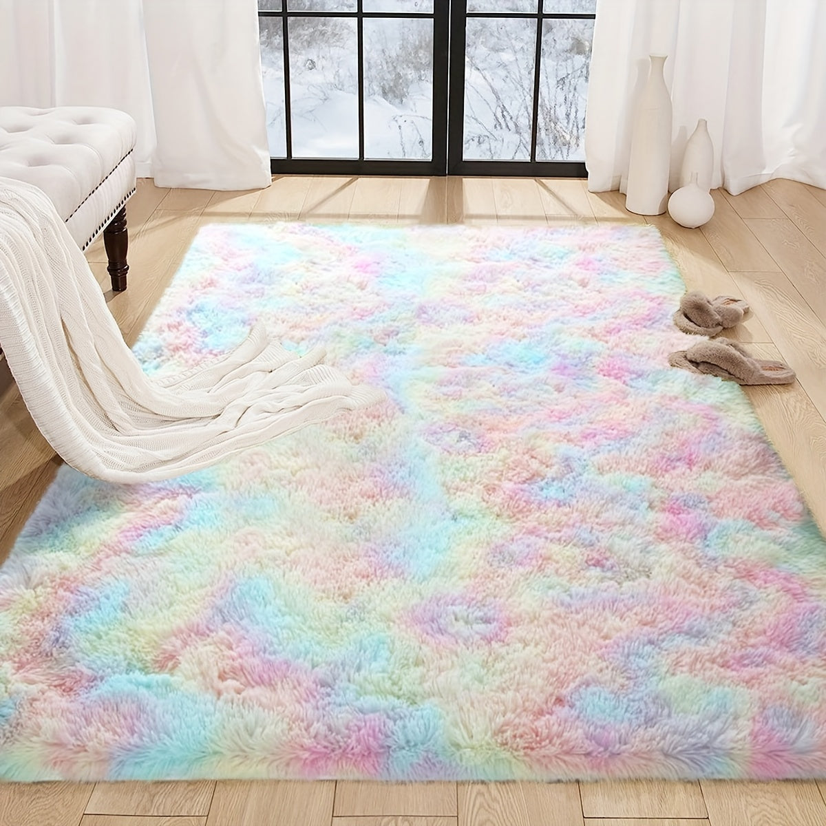1pz Alfombra Peluda de Colores Pasteles Bajo el Cielo Arcoíris - Tamaño Extra Grande Antideslizante y Ligera 100% Poliéster para Sala de Estar, Dormitorio, Sala de Juegos y Más, Alfombra Versátil | Alfombra en Tonos Pasteles | Tapete Antideslizante, Alfo
