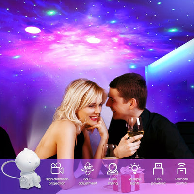 [Relajación en casa] Proyector de galaxia moderno LED Tunpahcon, iluminación nocturna con patrón de estrellas alimentada por USB, diseño de astronauta móvil controlado por telemando, brillo y color ajustables para la atmósfera de la habitación, ideal par