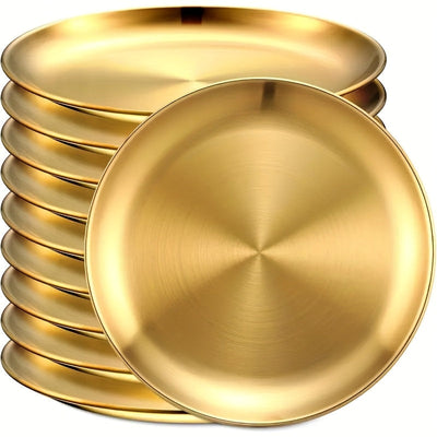 6 platos de acero inoxidable, plato dorado para ensaladas, plato para BBQ coreana, plato principal occidental, plato para bocadillos y postres, ideal para restaurantes y uso en casa, bandeja multifuncional para snacks y plato para huesos