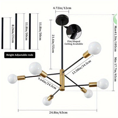 Luz de techo de 1 dormitorio 6/8 cabeza de lámpara moderna sencilla, luz de salón, color negro y cobre, base de bombilla E27, sin fuente de luz.