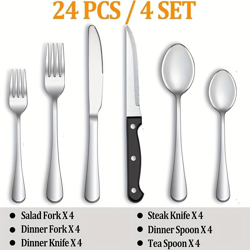 Juego de 24 piezas de cubertería negra, juego de cuchillo y tenedor de acero inoxidable, cuchillo y tenedor de bistec creativo plateado, cuchara y tenedor, cuchara de postre, adecuado para restaurantes en casa, apto para lavavajillas.