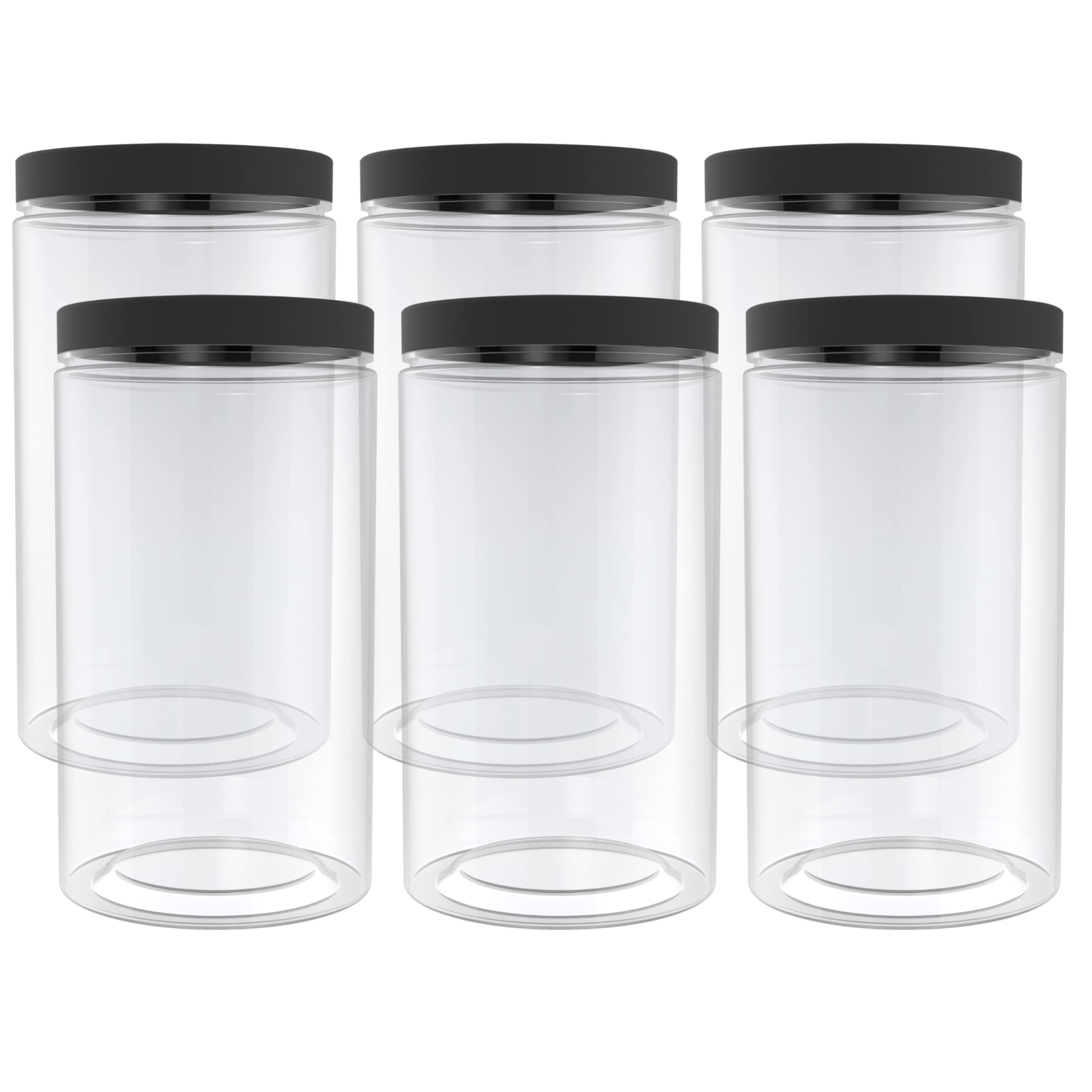 6pcs Tarros de Almacenamiento de Alimentos PET Transparentes de 43oz con Tapas Negras Lisas - Sin BPA, Boca Ancha para Vertido y Limpieza Fácil - Perfectos para la Organización del Despensa de la Cocina