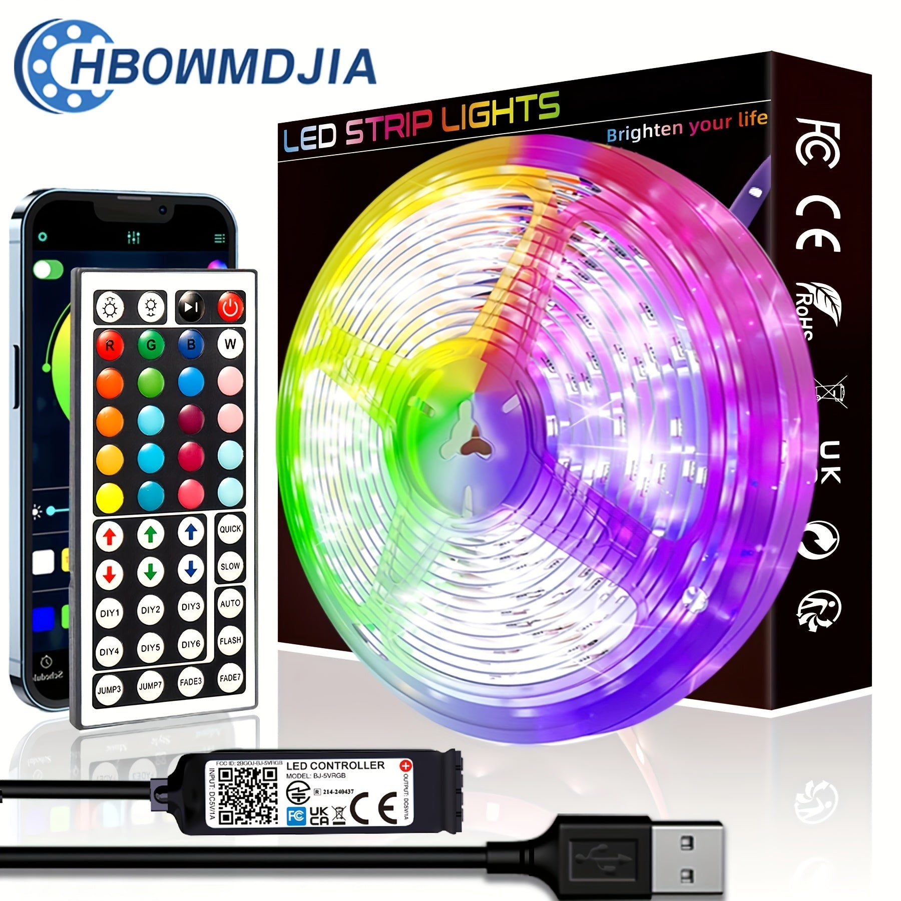 HBOWMDJIA Luz LED para dormitorio, con control por APP y mando a distancia de 44 teclas, programable y cambio de colores sincronizado con la aplicación. Longitud ajustable. Fácil instalación. Ideal para decoración de habitaciones, luz de fondo TV, luces