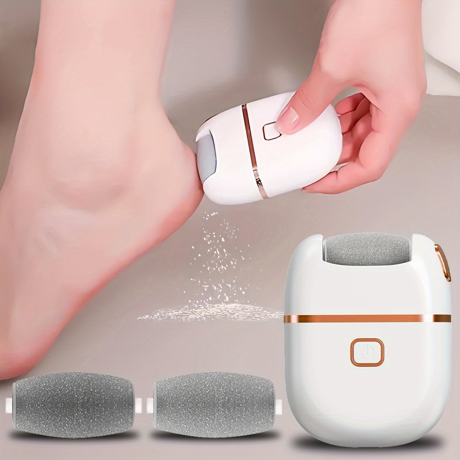 FEIYBA Eliminador Eléctrico y Lijadora de Pies - Lima de Uñas con Carga USB, 2 Velocidades (Rápido/Lento), 3 Cabezales Reemplazables, Herramienta Inalámbrica para Talones Agrietados, Manos y Pies - Diseño Blanco y Dorado, Dispositivo Profesional de Pedic
