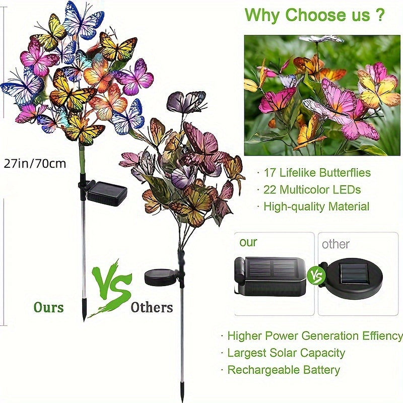 2 paquetes de luces solares para jardín con forma de árbol de mariposas - Flores artificiales de colores vibrantes con luces LED, decoración exterior impermeable para jardín, patio o jardín, regalo perfecto para familiares o seres queridos, decoraciones