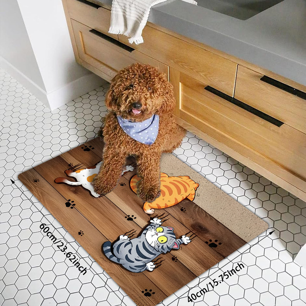 Alfombra de entrada con diseño de gato divertido, 1 unidad – Resistente, de poliéster de secado rápido, en colores naranja, blanco y negro, ideal para interiores/exteriores, cocina, baño o entrada