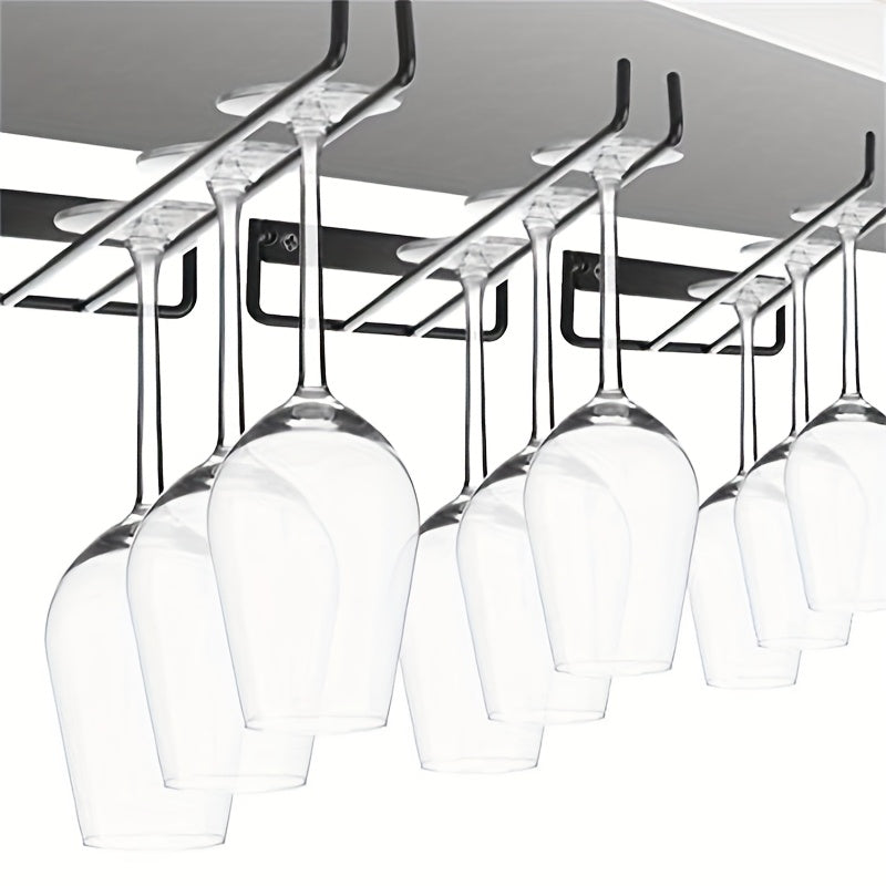 3-Pack/2-Pack/1-Pack Estante para colgar copas de vino de metal negro, soporte para copas invertido montado en la pared, organizador de copas de vino de una sola fila para el hogar, almacenamiento de cocina, organización conveniente de gabinetes y cajone