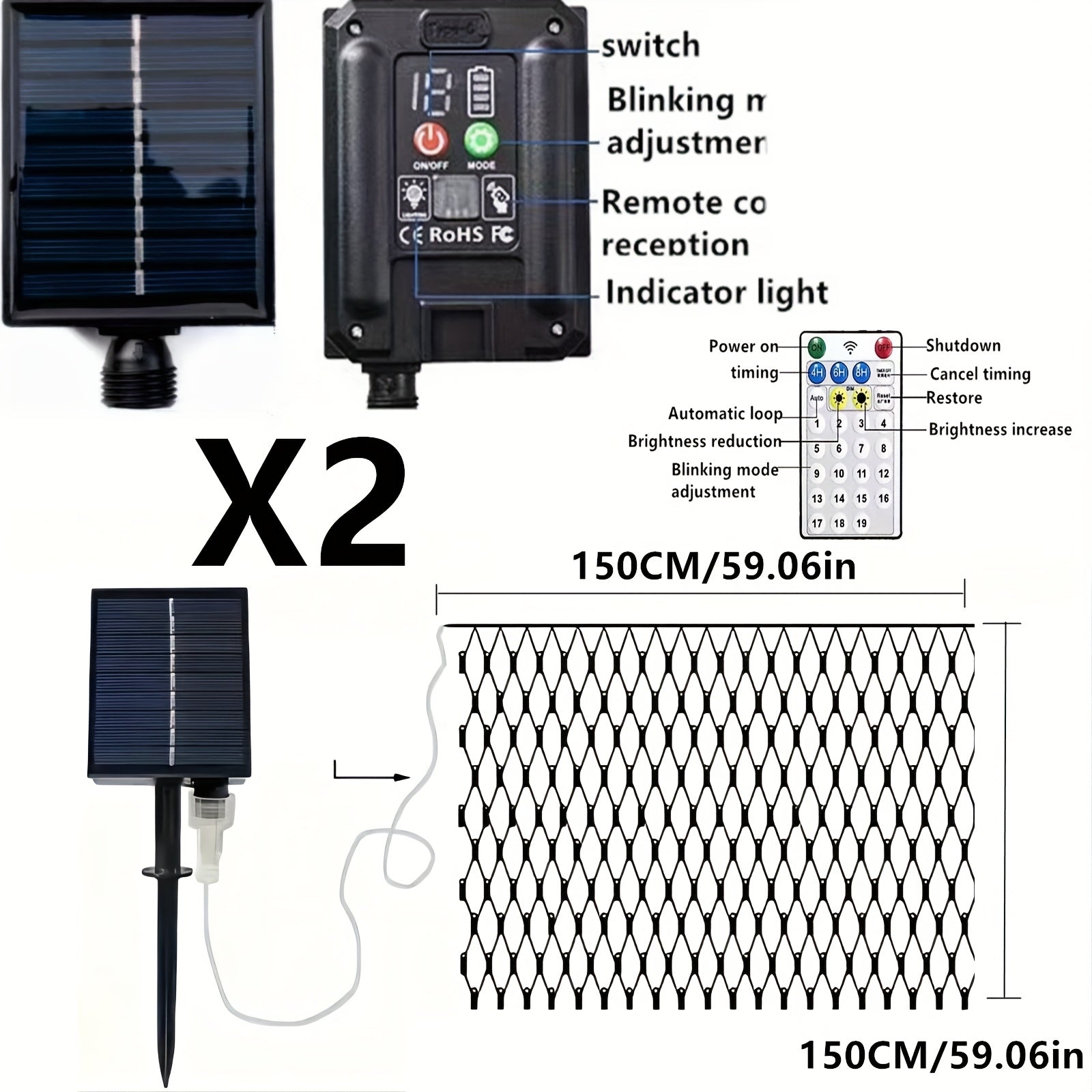 2 piezas de luces solares JXFYD con malla, 19 modos y control remoto, color amarillo cálido, luces de cadena para exteriores, decoración de jardín, Navidad, Halloween, bodas, Año Nuevo, plástico duradero, energía solar y batería recargable, luces solares
