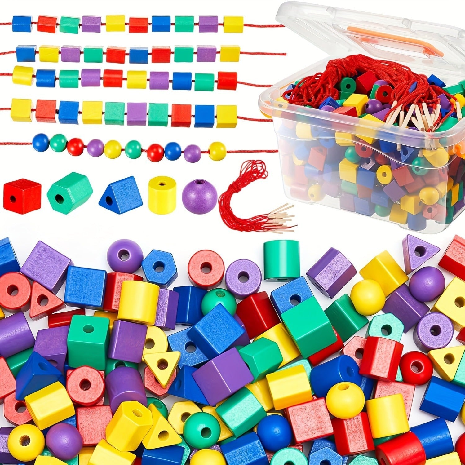 100pcs Cuentas de Plástico Coloridas para Niños – Formas y Tamaños Variados, Juguetes de Enhebrado Amigables con Cordón y Bolsa de Almacenamiento, Perfectos para el Aprendizaje Preescolar y el Tiempo de Juego, Juguetes para Niños