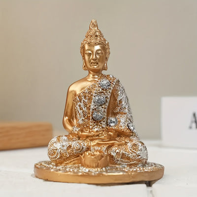 1pc Quemador de incienso de Buda dorado elegante, arte de resina con acentos de cristal, decoración zen para meditación, yoga, sala de té - Porta incienso sin humo para días festivos conmemorativos
