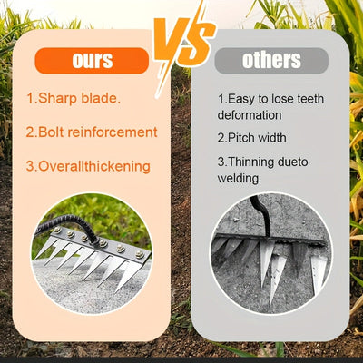 1 Herramienta Multifuncional de Alta Resistencia - Rastrillo de Hierro, Acero al Carbono Anticorrosivo. Ideal para Deshierbe/Reconversión de Tierras/Suelos Sueltos, Cultivación Fácil y Rápida a 5-6 cm de Profundidad