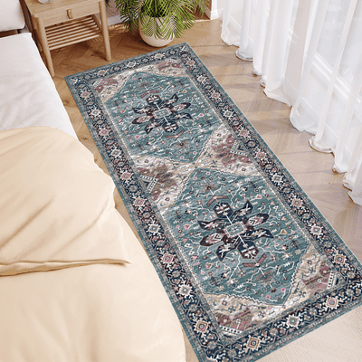 Alfombra Elegante Larga Antideslizante Lavable - Diseño Geométrico Moderno en Azul, Beige y Marrón, Ideal para Pasillos, Escaleras y Decoración de Corredores de Hoteles, Alfombra Personalizable, Material de Poliéster Lavable a Máquina