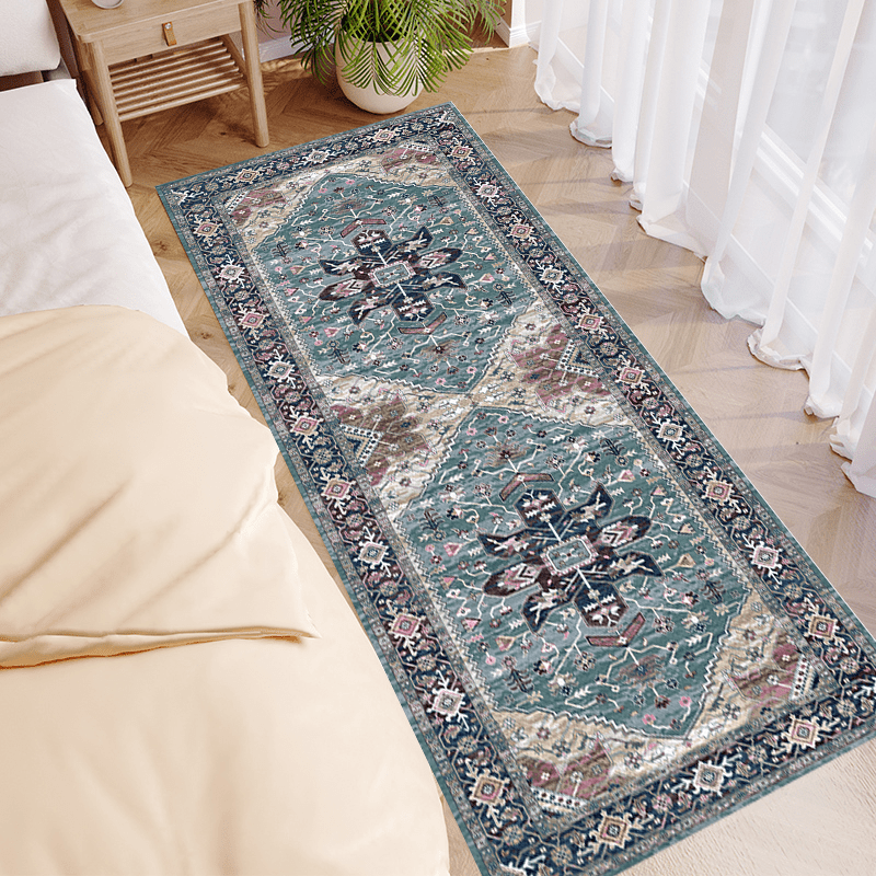 Alfombra Elegante Larga Antideslizante Lavable - Diseño Geométrico Moderno en Azul, Beige y Marrón, Ideal para Pasillos, Escaleras y Decoración de Corredores de Hoteles, Alfombra Personalizable, Material de Poliéster Lavable a Máquina