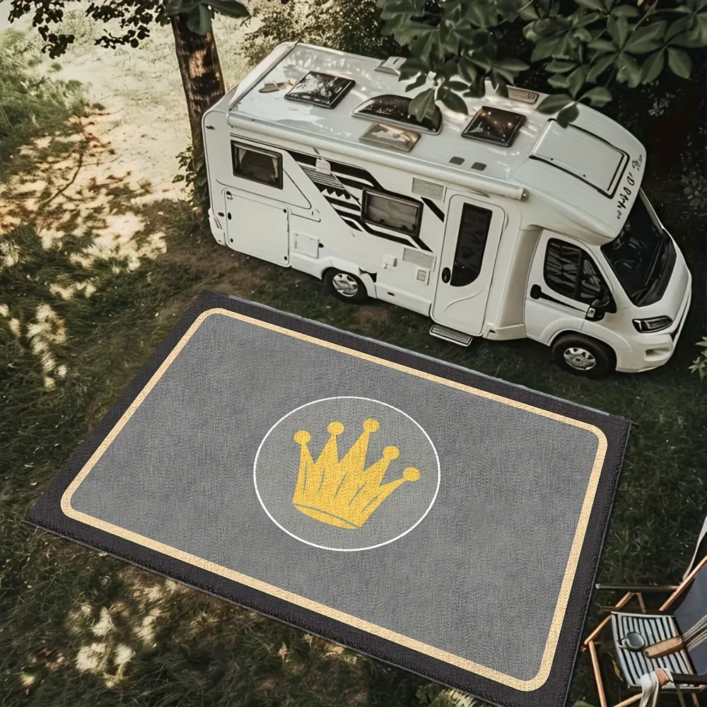 Gran alfombra de terciopelo lavable con diseño de corona dorada - Jardín bohemio retro, porche y techo, alfombra para uso interior/exterior, suave, antideslizante, duradera, poliéster, varios tamaños disponibles, alfombra de jardín de azotea | Elegante e