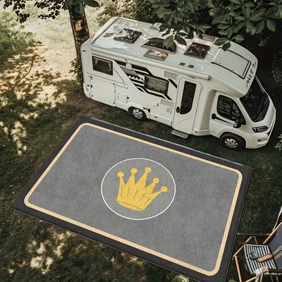 Gran alfombra de terciopelo lavable con diseño de corona dorada - Jardín bohemio retro, porche y techo, alfombra para uso interior/exterior, suave, antideslizante, duradera, poliéster, varios tamaños disponibles, alfombra de jardín de azotea | Elegante e