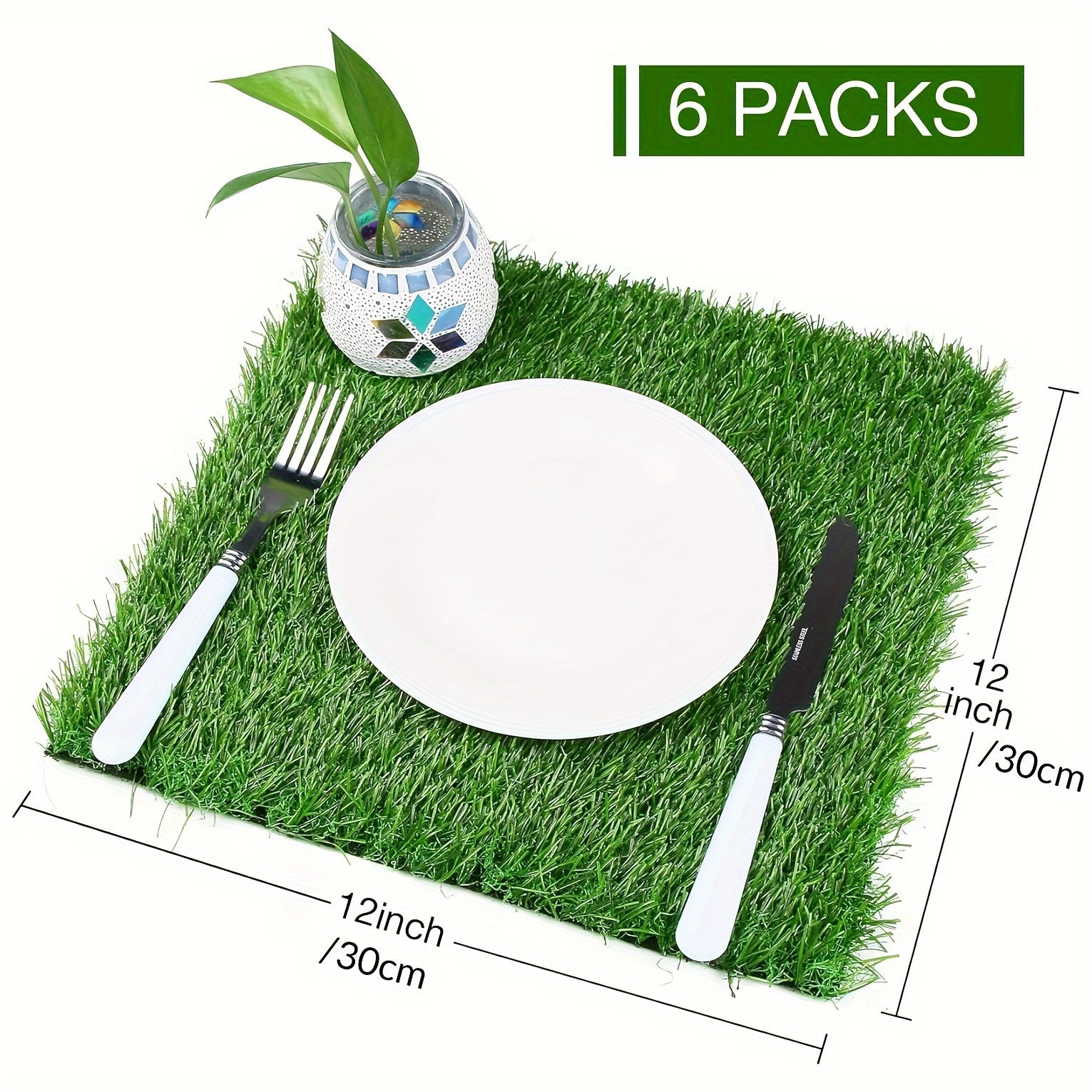 Pack de 6 Cuadrados de Césped Artificial Resistente - Base Antideslizante, Alfombras Verdes Realistas para Pascua, Patio, Decoración de Mesa, Área de Juegos Amigable con Mascotas - Uso Interior/Exterior, Fácil de Limpiar y Reutilizable - Ideal para Manua