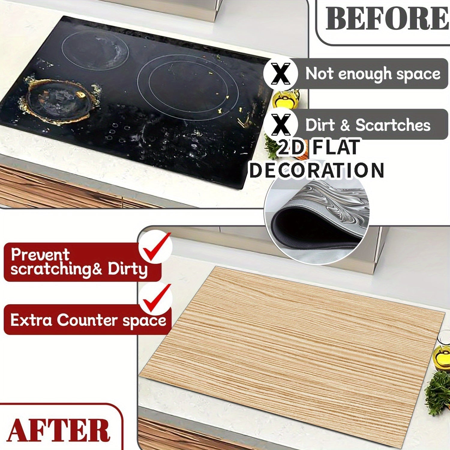 1pc Cubierta de Estufa Eléctrica - Decoración Plana 2D con Acabado en Madera, Protector Resistente al Calor con Forro de Goma para Cocinas a Gas y Eléctricas, Apta para la Mayoría de Encimeras, Fácil de Limpiar, Diseño Plano