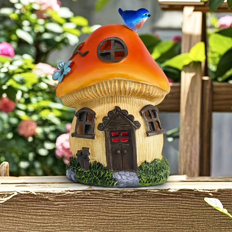 Encantadora Estatua de Casa de Hongo con Energía Solar y Luz Amarilla Cálida - Decoración Exterior Temática de Cuento de Hadas, Hecha en Resina con Diseño Detallado, Perfecta para Pascua, Acción de Gracias, Halloween & Regalos Navideños, IP44 Alta Calida