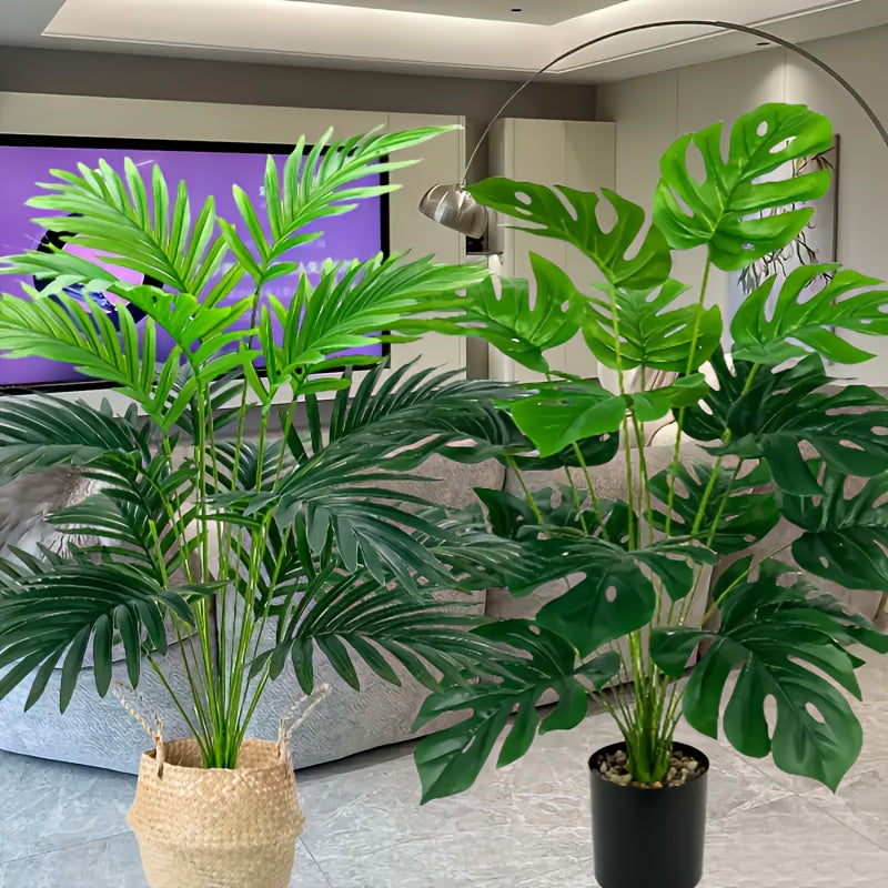 2 palmeras artificiales grandes con 24 hojas realistas cada una - Decoración de plástico resistente a los rayos UV para interiores y exteriores, hogar, oficina, hotel, fiestas - No necesita maceta, sin mantenimiento, decoración con palmeras